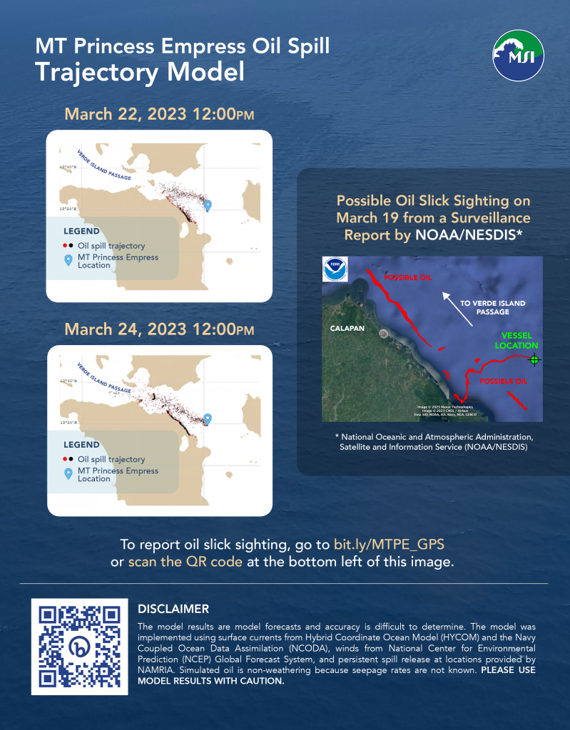 Bulletin 10: Oil spill trajectory model forecasts that spill will flow through the Verde Island Passage for the rest of the week