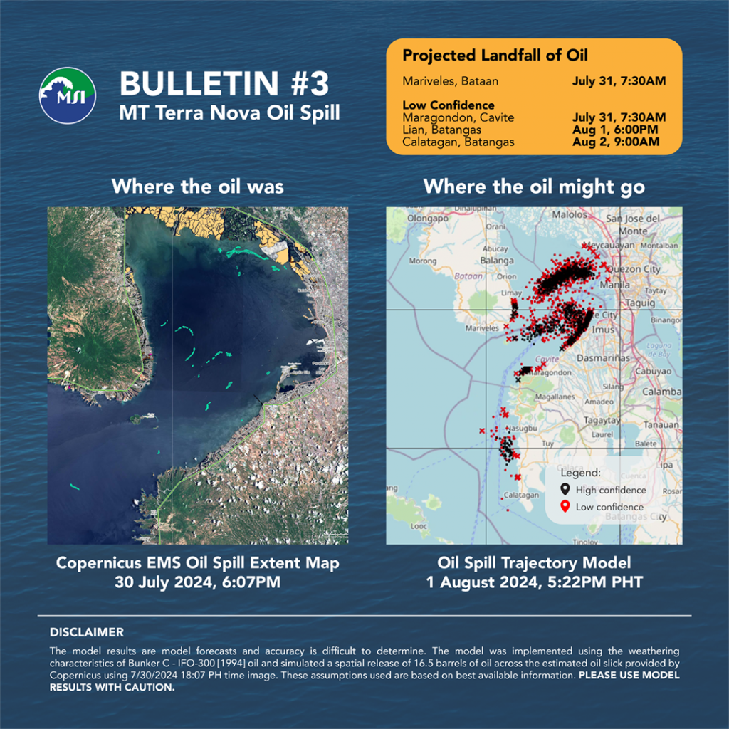 Bulletin #03: Oil spill trajectory model forecasts that spill will reach Bataan and Batangas