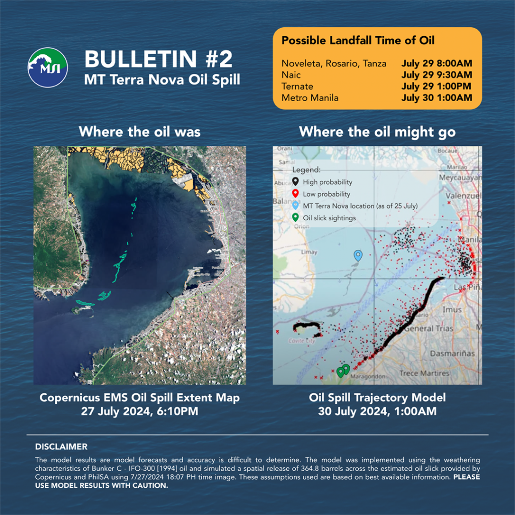 Bulletin #02: Oil spill trajectory model forecasts that spill will reach Metro Manila by July 30